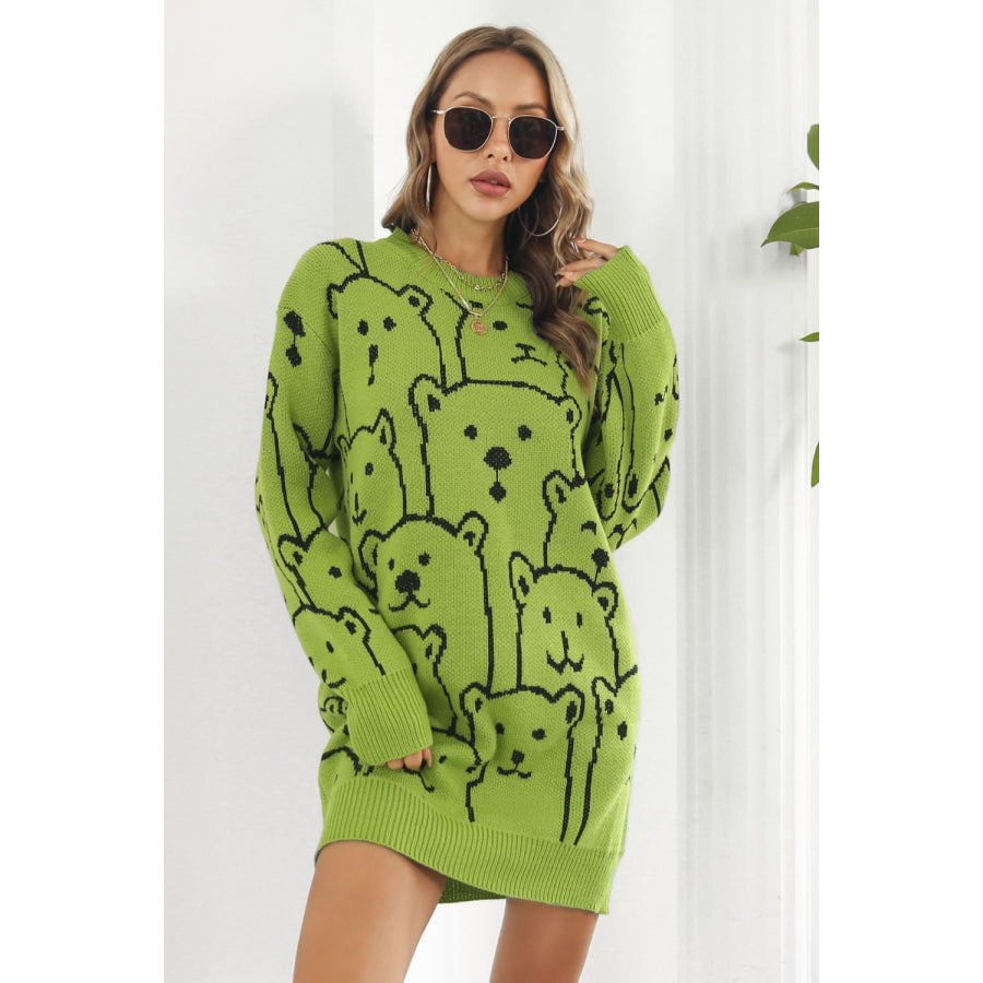 Bear Pattern Round Neck Sweater Dress Yellow-Green / S Apparel and Accessories