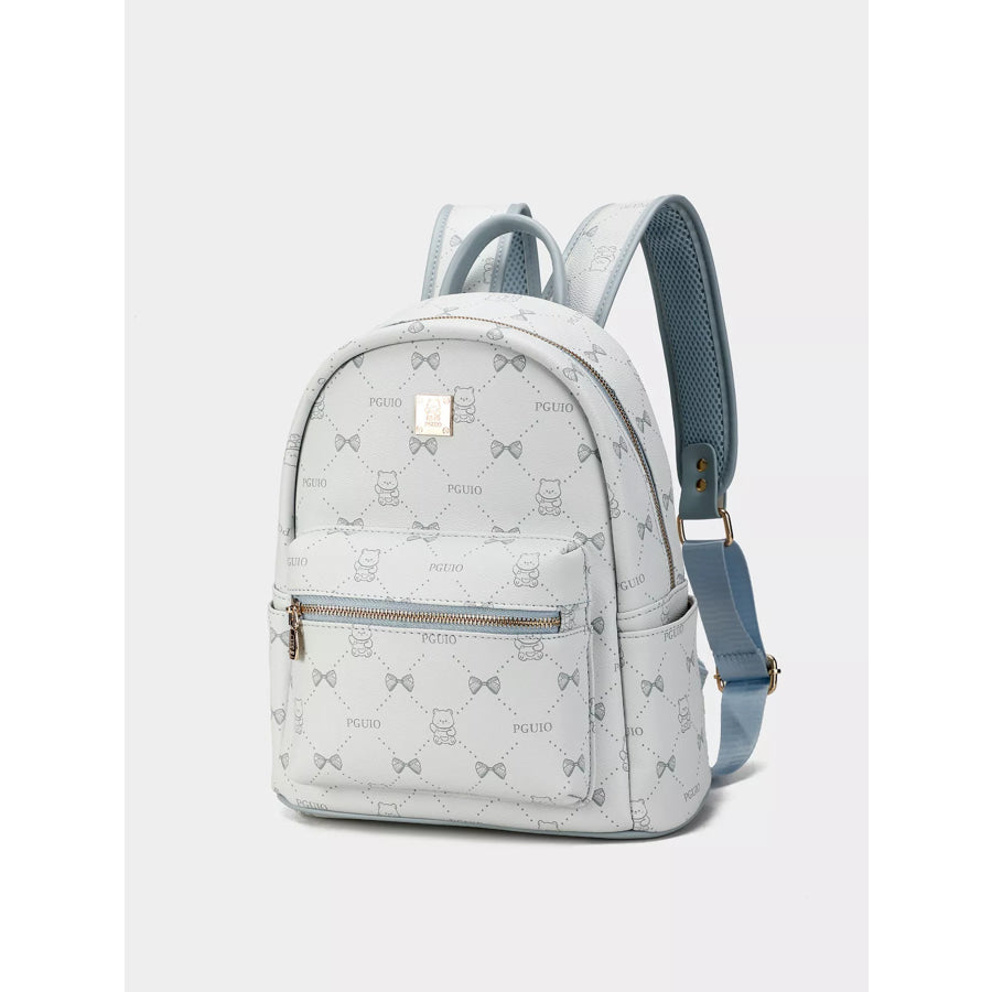 Bear Print PU Leather Backpack Bag Light Blue / onesize Apparel and Accessories