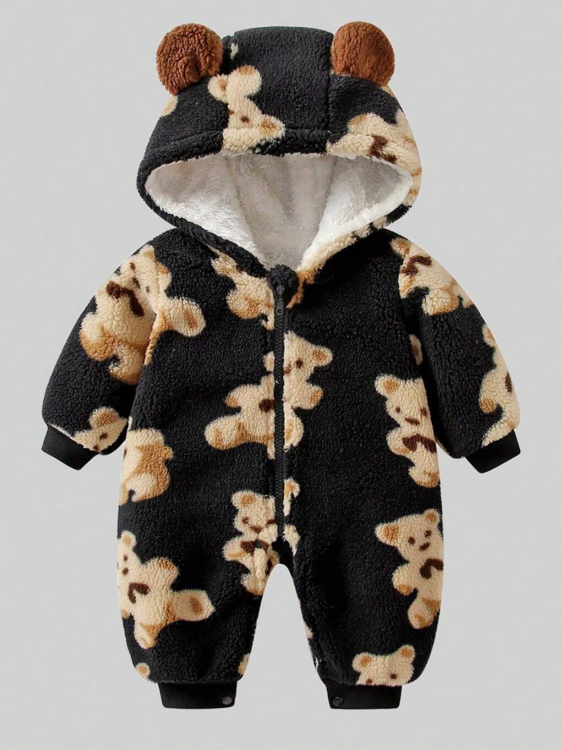 Bear Zip Up Long Sleeve Hooded Jumpsuit Black / 3-6M Apparel and Accessories