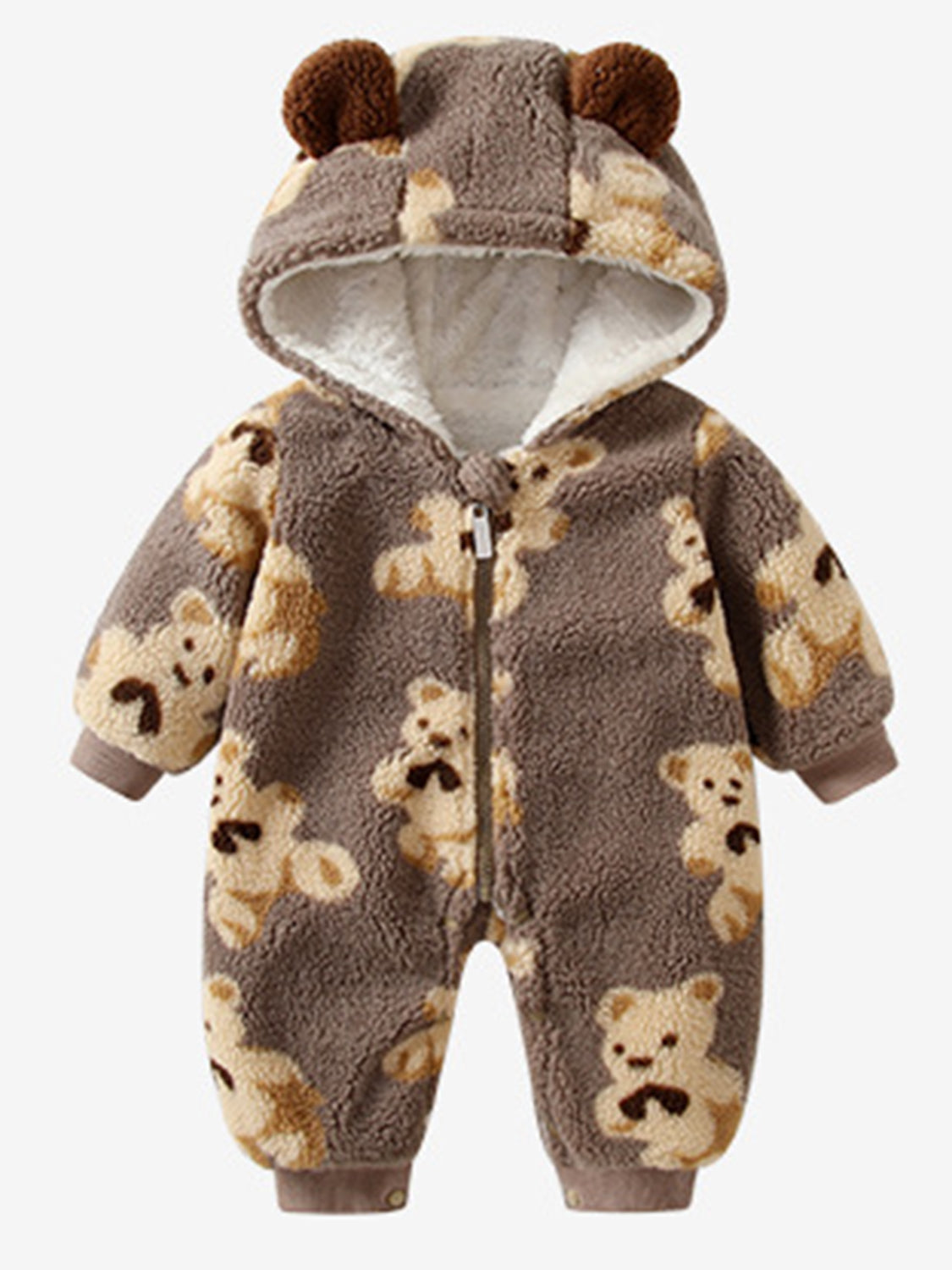 Bear Zip Up Long Sleeve Hooded Jumpsuit Taupe / 3-6M Apparel and Accessories