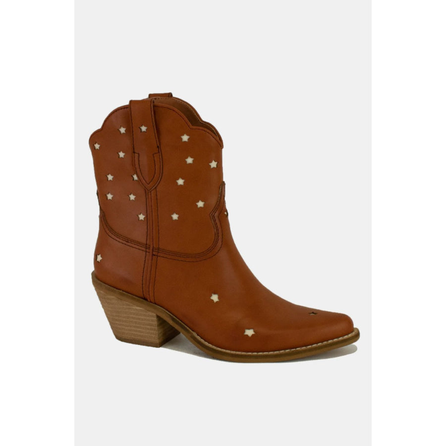 Beast Fashion Faux Leather Star-Shaped Cutouts Point Toe Boots Brown / 6 Apparel and Accessories