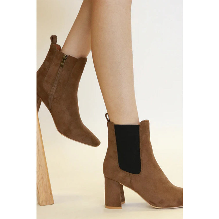 Beast Fashion Faux Suede Block Heel Chelsea Boots with Elastic Side Panel Coffee Brown / 6 Apparel and Accessories