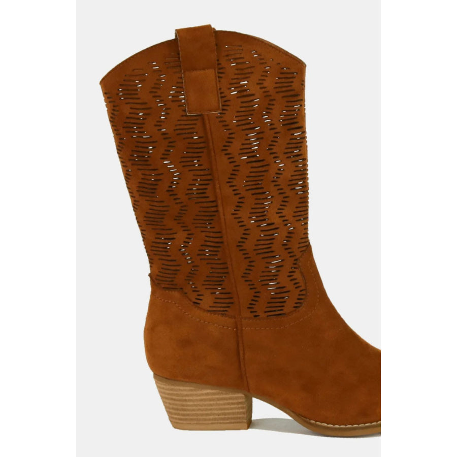 Beast Fashion Faux Suede Laser Cut Detail Block Heel Boots Apparel and Accessories