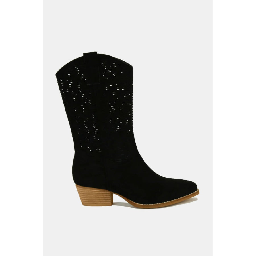 Beast Fashion Faux Suede Laser Cut Detail Block Heel Boots Black / 6 Apparel and Accessories