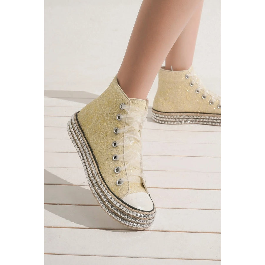 Beast Fashion Glitter Lace-Up Studded Platform Sneakers White / 6 Apparel and Accessories