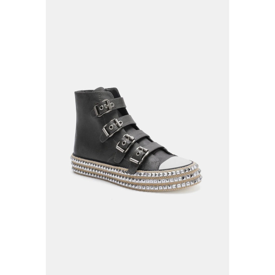 Beast Fashion Multi-Buckle Straps Studded Platform Sneakers Apparel and Accessories