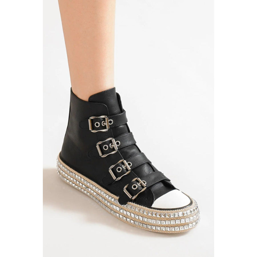 Beast Fashion Multi-Buckle Straps Studded Platform Sneakers Apparel and Accessories