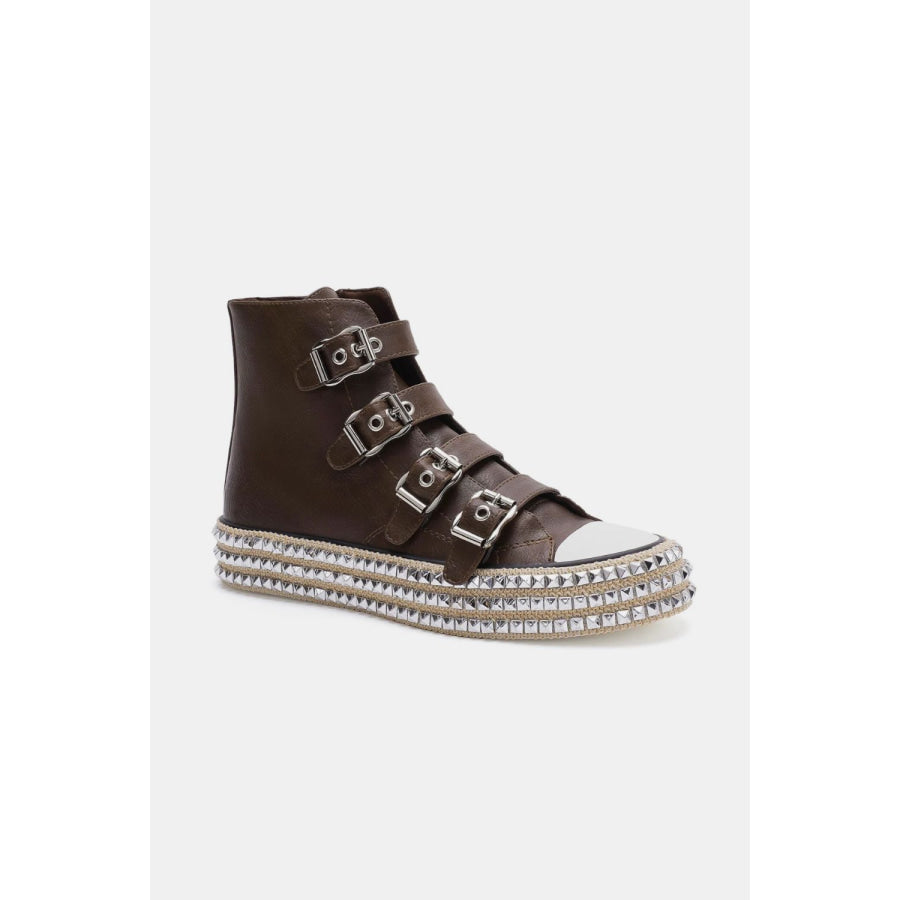 Beast Fashion Multi-Buckle Straps Studded Platform Sneakers Apparel and Accessories