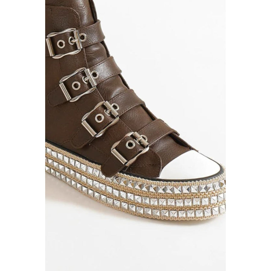 Beast Fashion Multi-Buckle Straps Studded Platform Sneakers Apparel and Accessories