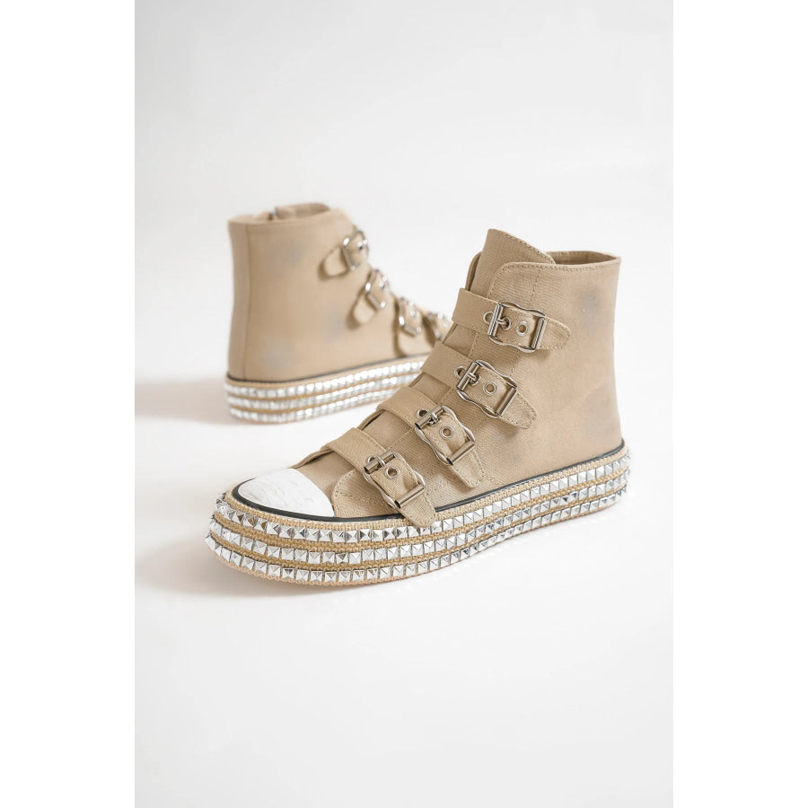 Beast Fashion Multi-Buckle Straps Studded Platform Sneakers Apparel and Accessories