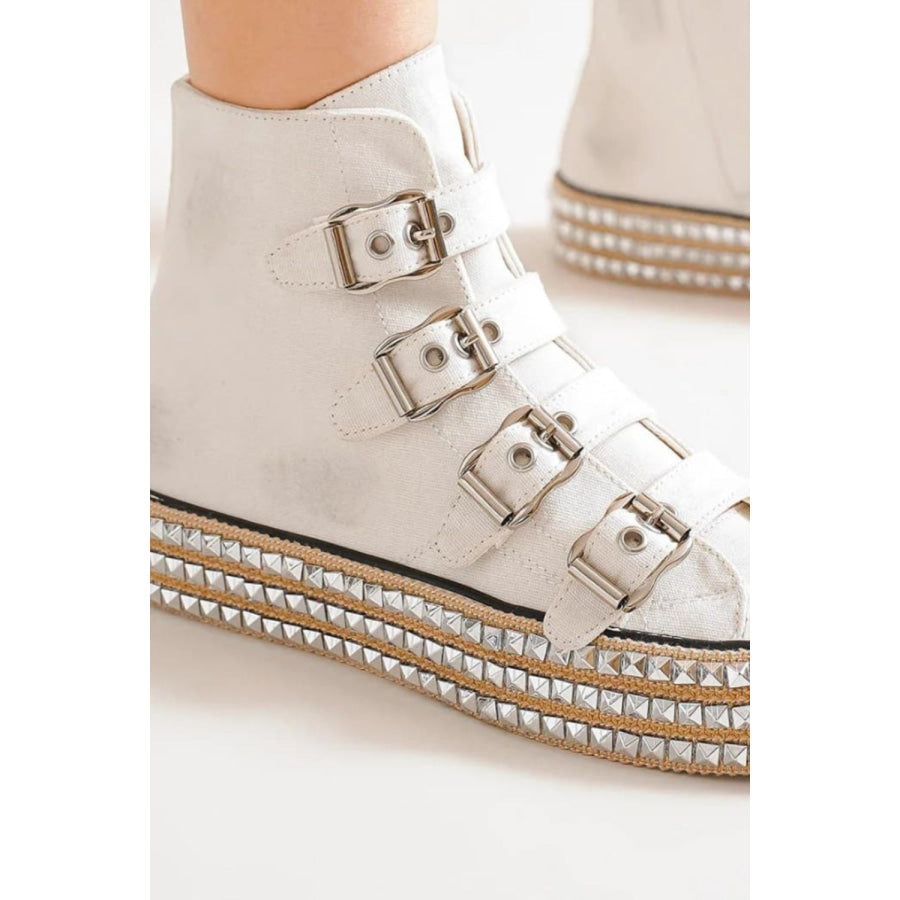 Beast Fashion Multi-Buckle Straps Studded Platform Sneakers Apparel and Accessories