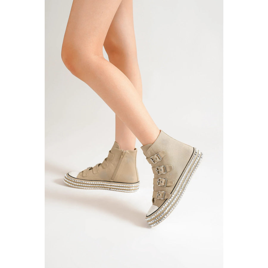 Beast Fashion Multi-Buckle Straps Studded Platform Sneakers Khaki / 5.5 Apparel and Accessories