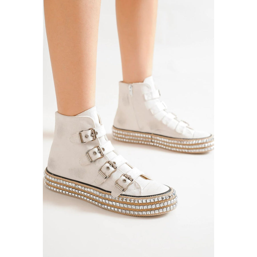 Beast Fashion Multi-Buckle Straps Studded Platform Sneakers White / 5.5 Apparel and Accessories