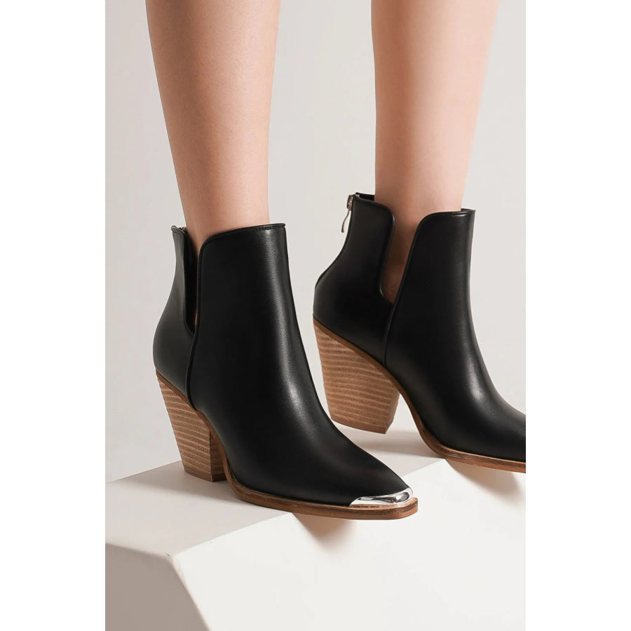 Beast Fashion Pointed Metal-Tip Toe Block Heel Ankle Boots Black / 5.5 Apparel and Accessories