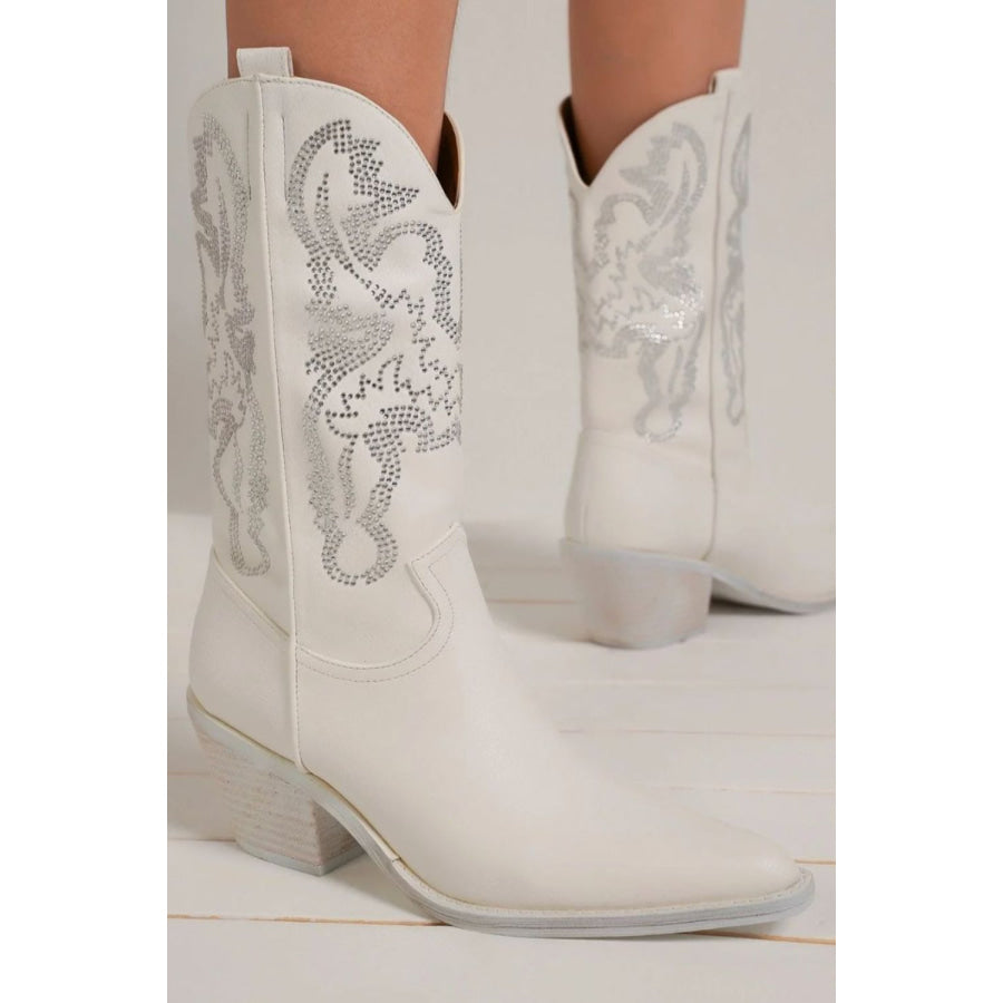 Beast Fashion Rhinestone Detail Point Toe Boots White / 6 Apparel and Accessories