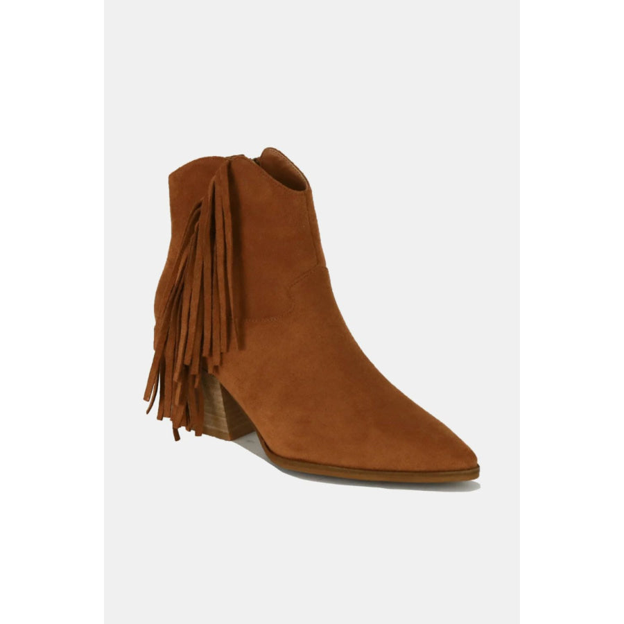 Beast Fashion Suede Fringe Point Toe Ankle Boots Caramel / 6 Apparel and Accessories