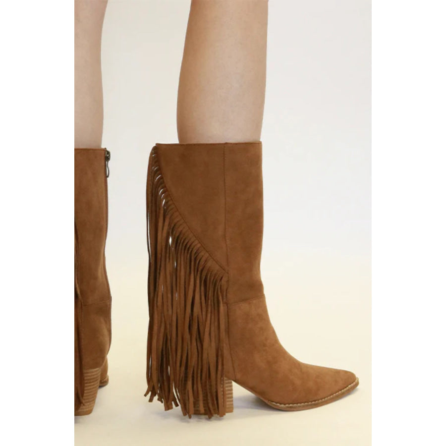 Beast Fashion Suede Fringe Point Toe Boots Coffee / 6 Apparel and Accessories