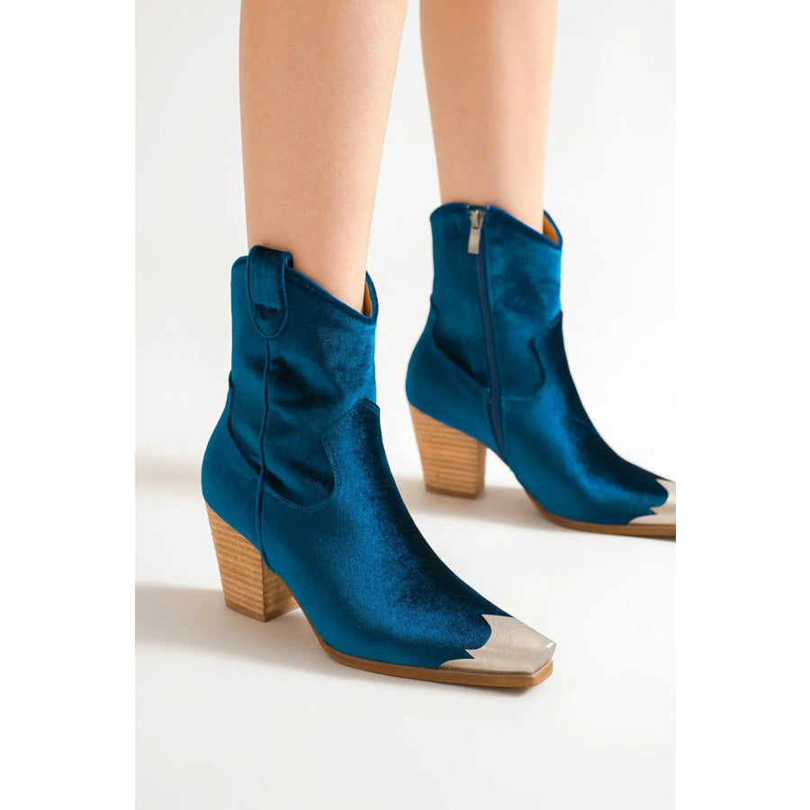 Beast Fashion Velvet Block Heel Boots with Side Zippers Peacock Blue / 6 Apparel and Accessories