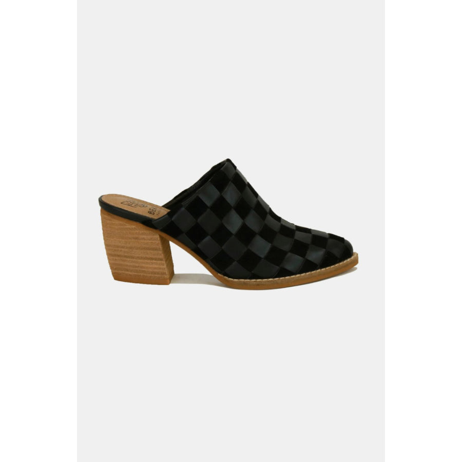 Beast Fashion Woven Checkerboard Block Heel Mule Shoes Black / 6 Apparel and Accessories