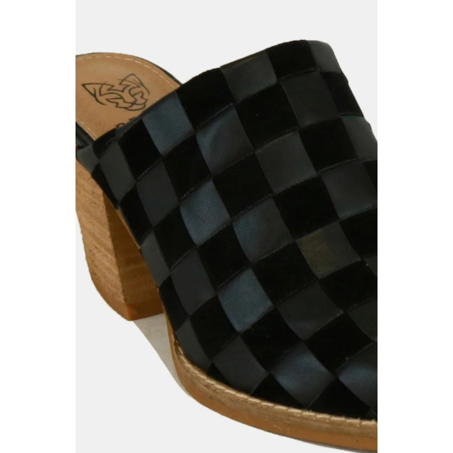 Beast Fashion Woven Checkerboard Block Heel Mule Shoes Apparel and Accessories