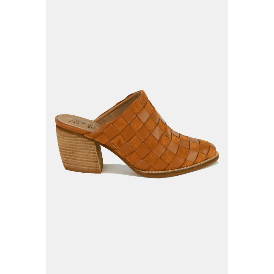 Beast Fashion Woven Checkerboard Block Heel Mule Shoes Caramel / 6 Apparel and Accessories