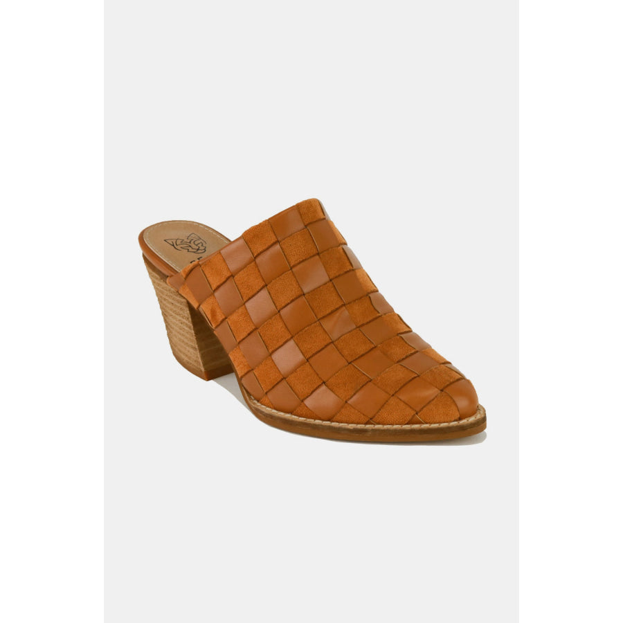 Beast Fashion Woven Checkerboard Block Heel Mule Shoes Caramel / 6 Apparel and Accessories