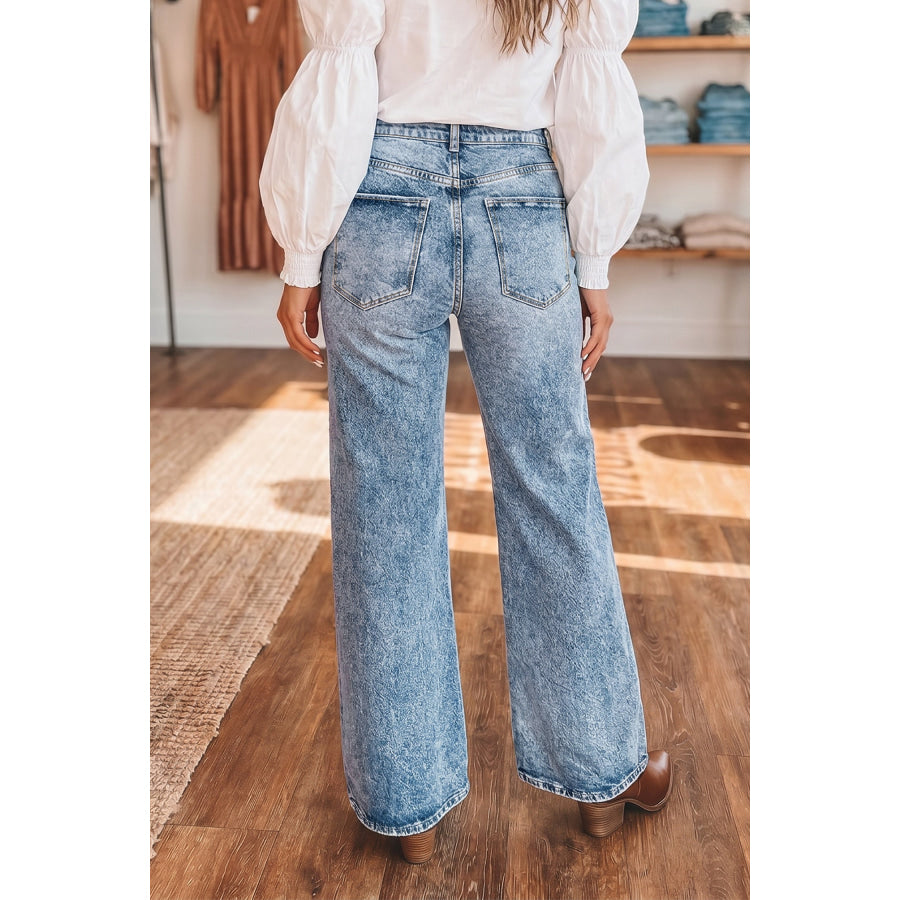 Beau Blue Acid Wash Pocket Detail Flare Jeans Bottoms/Jeans