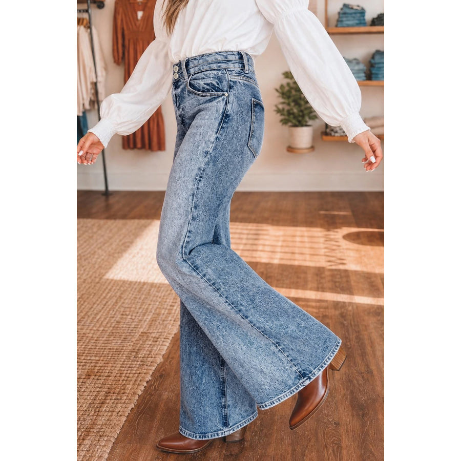Beau Blue Acid Wash Pocket Detail Flare Jeans Bottoms/Jeans