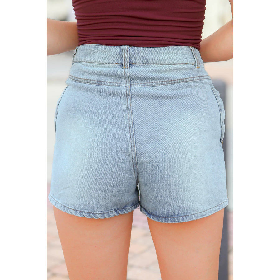 Beau Blue Bow Detail Denim Shorts with Pockets Beau Blue / 4 / 66% Cotton + 27% Polyester + 5% Viscose + 2% Elastane Bottoms/Denim Shorts