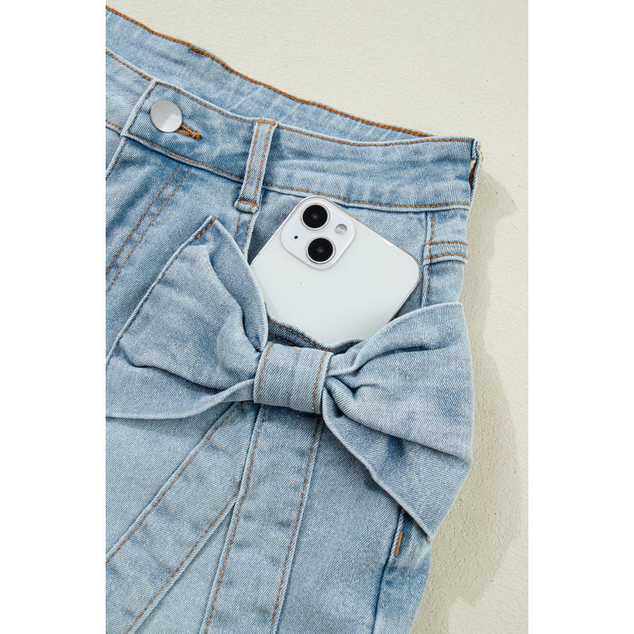 Beau Blue Bow Detail Denim Shorts with Pockets Bottoms/Denim Shorts