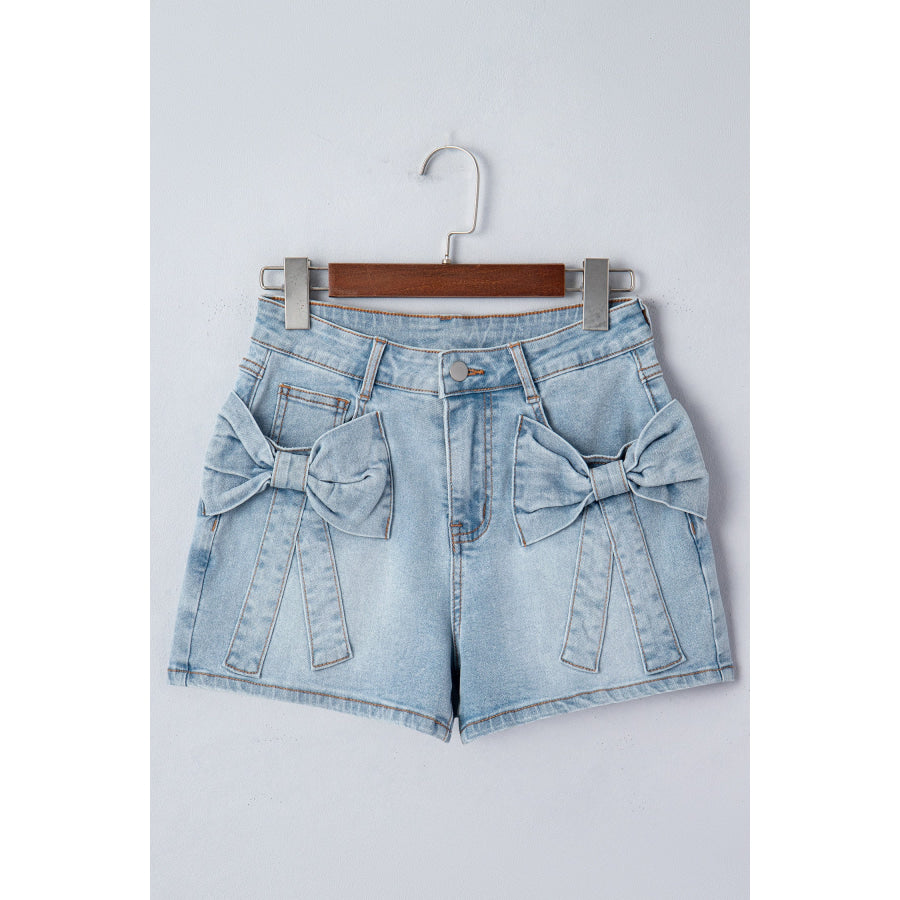 Beau Blue Bow Detail Denim Shorts with Pockets Bottoms/Denim Shorts