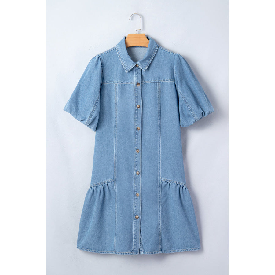 Beau Blue Button Down Short Puff Sleeve Ruffle Hem Patchwork Denim Dress Dresses/Mini Dresses