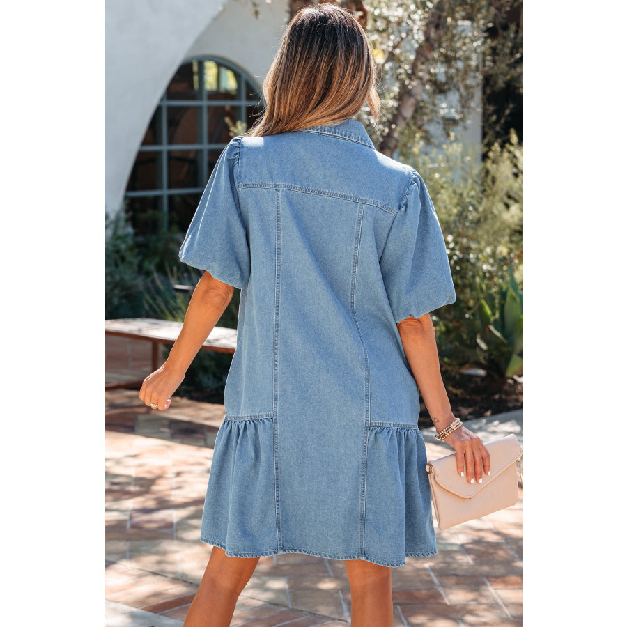 Beau Blue Button Down Short Puff Sleeve Ruffle Hem Patchwork Denim Dress Dresses/Mini Dresses