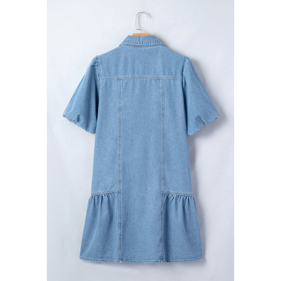 Beau Blue Button Down Short Puff Sleeve Ruffle Hem Patchwork Denim Dress Dresses/Mini Dresses