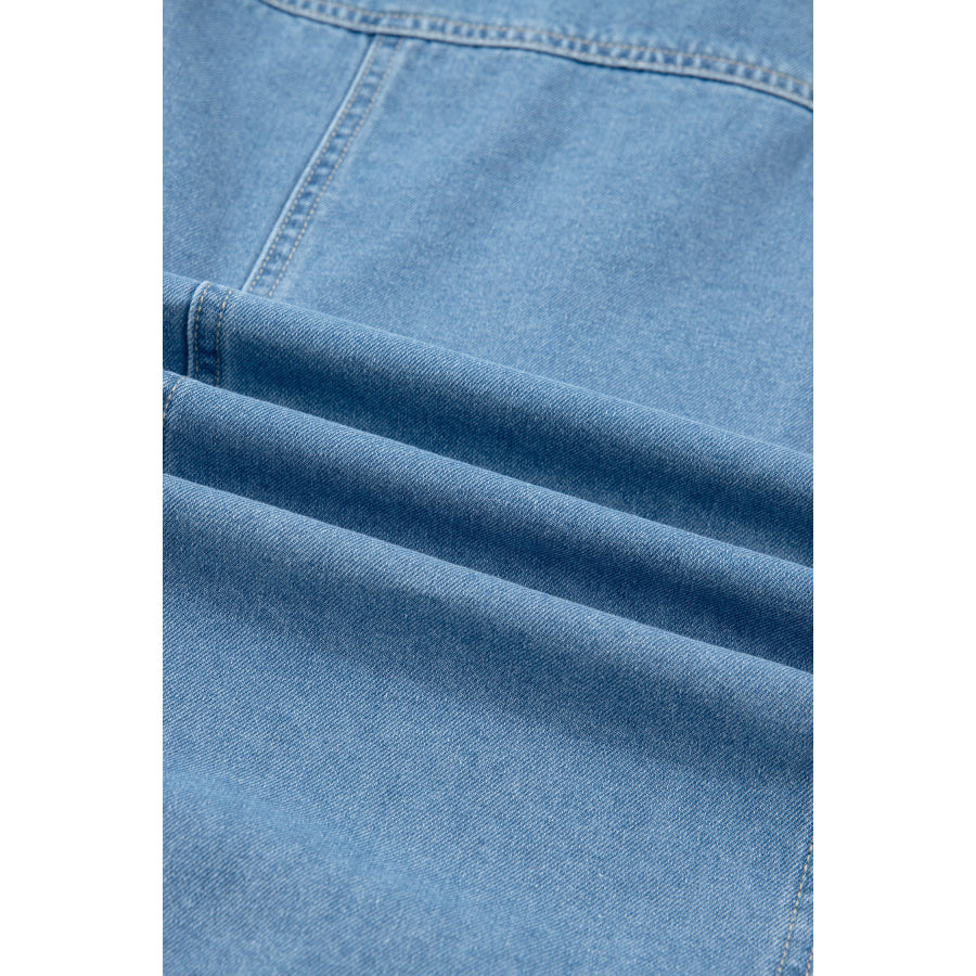 Beau Blue Button Down Short Puff Sleeve Ruffle Hem Patchwork Denim Dress Dresses/Mini Dresses