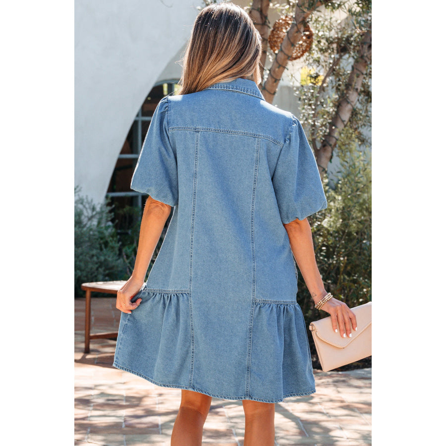 Beau Blue Button Down Short Puff Sleeve Ruffle Hem Patchwork Denim Dress Dresses/Mini Dresses