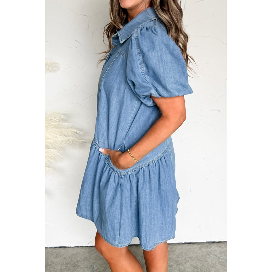 Beau Blue Button Down Short Puff Sleeve Ruffle Hem Patchwork Denim Dress Beau Blue / S / 74.7% Cotton + 16.5% Polyester + 8.8% Regenrated