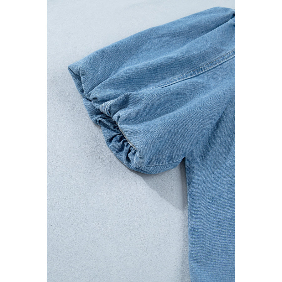 Beau Blue Button Down Short Puff Sleeve Ruffle Hem Patchwork Denim Dress Dresses/Mini Dresses