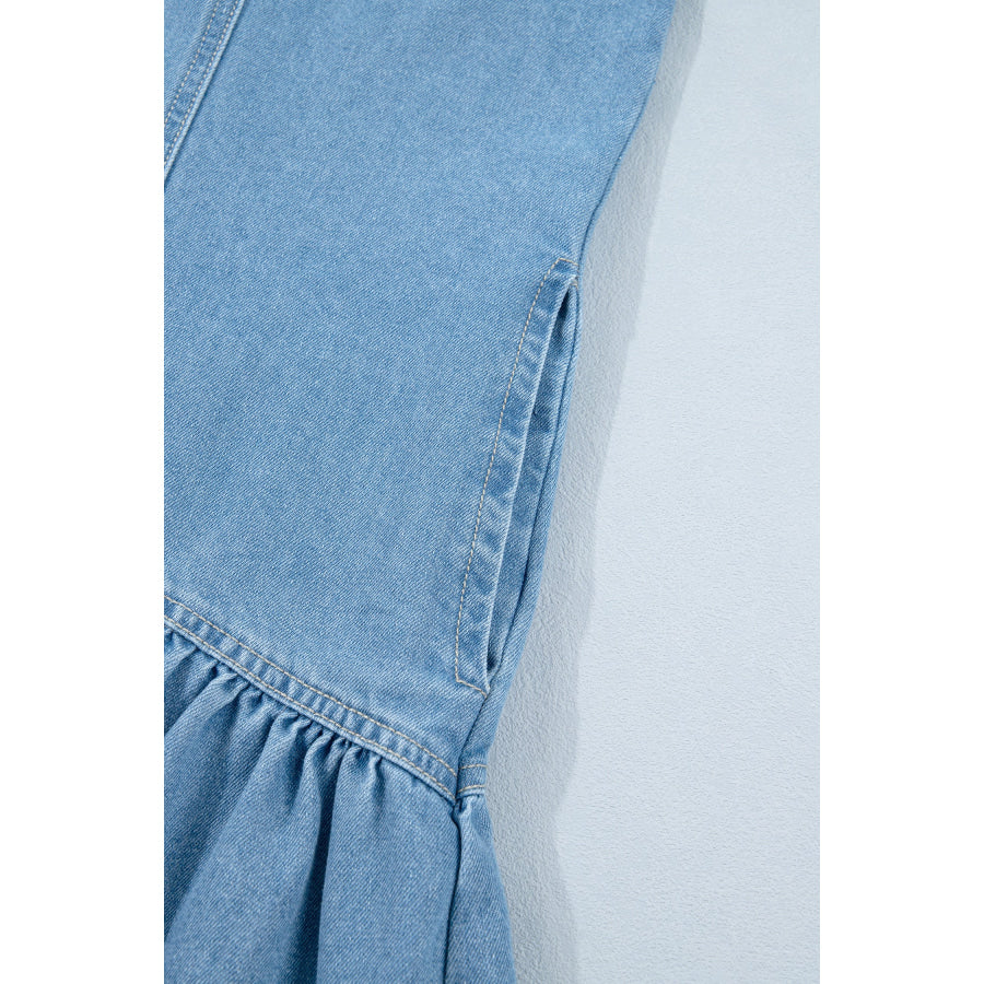Beau Blue Button Down Short Puff Sleeve Ruffle Hem Patchwork Denim Dress Dresses/Mini Dresses