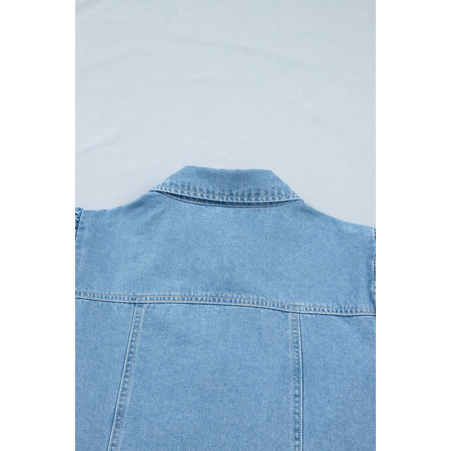 Beau Blue Button Down Short Puff Sleeve Ruffle Hem Patchwork Denim Dress Dresses/Mini Dresses