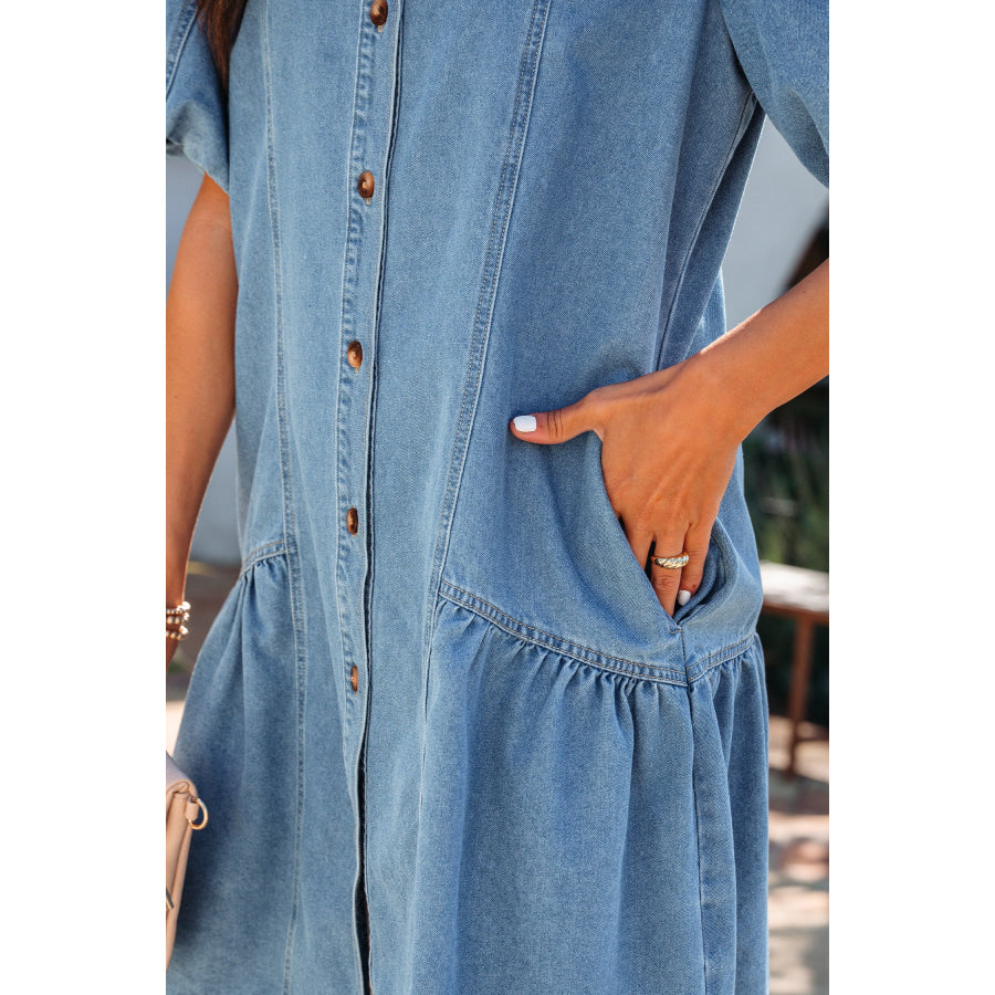 Beau Blue Button Down Short Puff Sleeve Ruffle Hem Patchwork Denim Dress Dresses/Mini Dresses