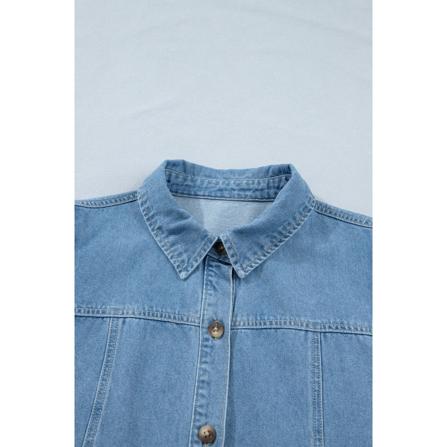 Beau Blue Button Down Short Puff Sleeve Ruffle Hem Patchwork Denim Dress Dresses/Mini Dresses