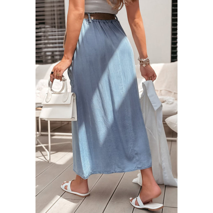 Beau Blue Buttoned Front High Waist Side Pockets Denim Maxi Skirt Bottoms/Skirts &amp; Petticoat