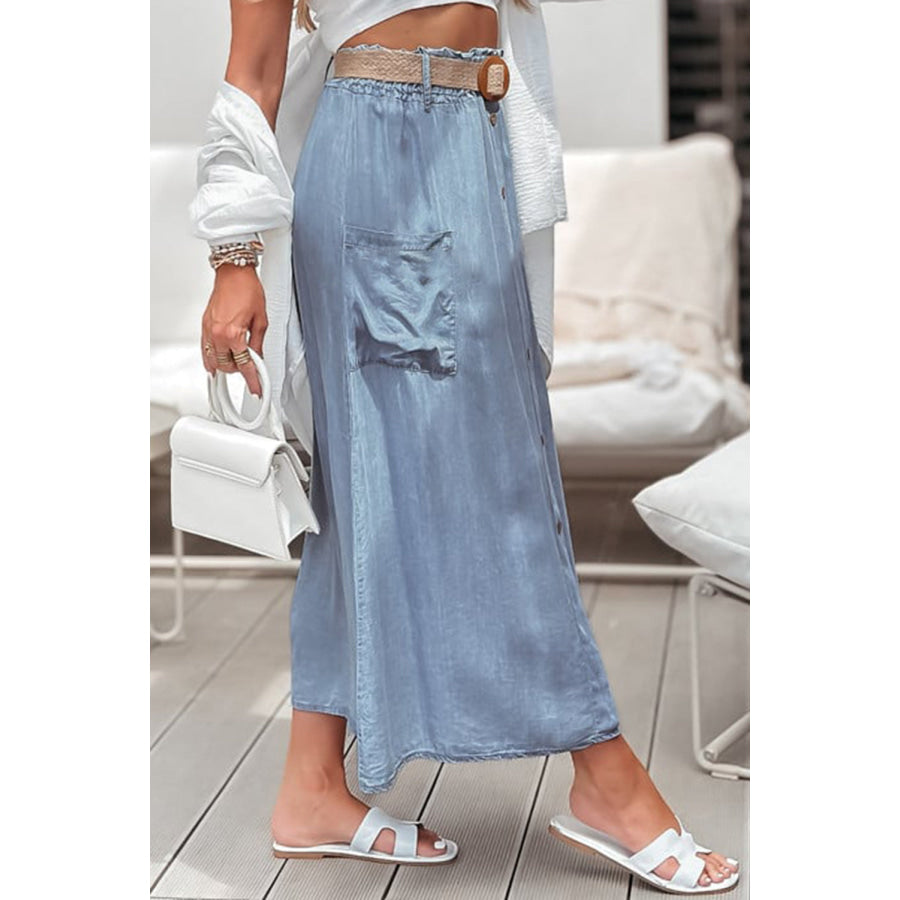 Beau Blue Buttoned Front High Waist Side Pockets Denim Maxi Skirt Bottoms/Skirts &amp; Petticoat