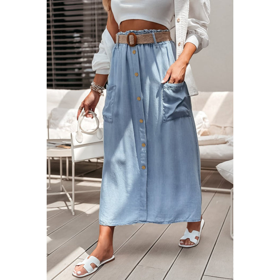 Beau Blue Buttoned Front High Waist Side Pockets Denim Maxi Skirt Beau Blue / S / 100% Lyocell Bottoms/Skirts & Petticoat