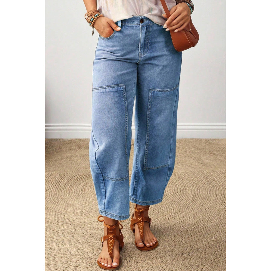 Beau Blue Decorative Seam Patchwork Detail Solid Color Jeans Bottoms/Jeans