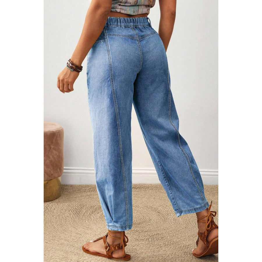 Beau Blue Decorative Seam Patchwork Detail Solid Color Jeans Bottoms/Jeans