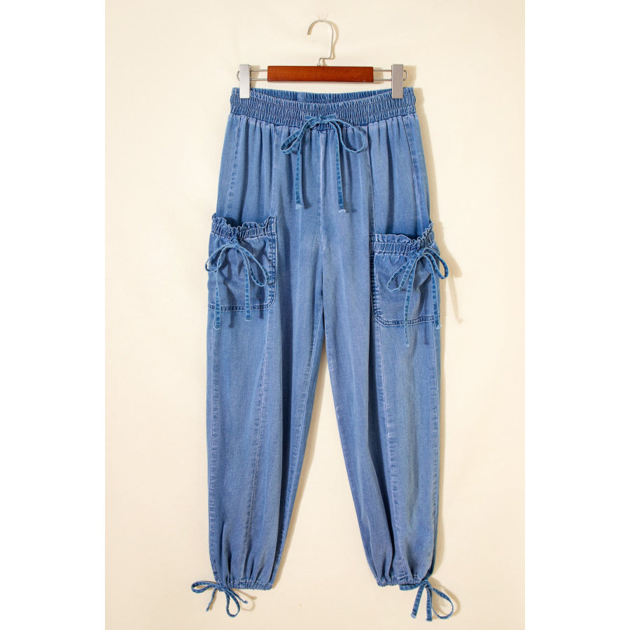 Beau Blue Drawstring Elastic Waist Pocketed Loose Denim Pants Bottoms/Jeans