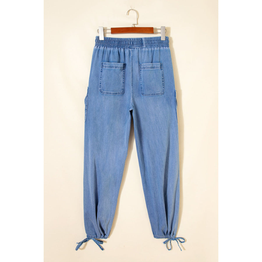 Beau Blue Drawstring Elastic Waist Pocketed Loose Denim Pants Bottoms/Jeans