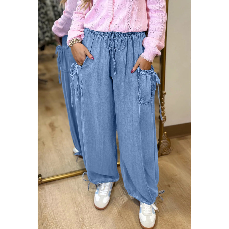 Beau Blue Drawstring Elastic Waist Pocketed Loose Denim Pants Bottoms/Jeans